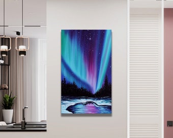 Northern lights art Winter landscape Aurora borealis art Galaxy painting