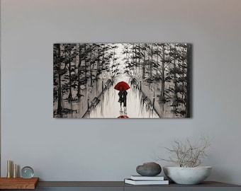 Art mural romantique Couple amoureux sous un parapluie rouge Peinture acrylique sur toile