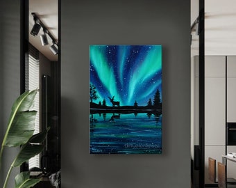 Aurora borealis Northern lights painting Oil painting on canvas Deer painting Starry night Sky