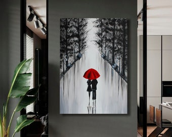 Tableau Couple sous un parapluie rouge : oeuvre d'art promenade romantique en soirée