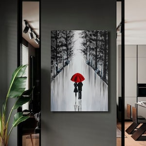 Arte de paraguas rojos Pintura de pareja de enamorados sobre lienzo Amantes bajo la lluvia Pareja romántica enamorada