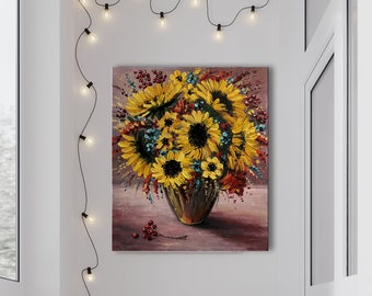 Sunflower painting on canvas Sunflower wall art Romantic gift Still life flowers