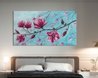 Art mural romantique Grande peinture sur toile Branche de magnolia à fleurs roses