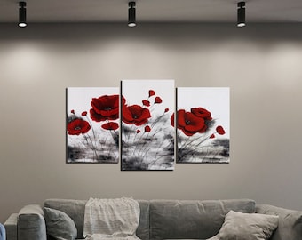 Set of 3 Canvas art Red poppies Flowers Acrylic painting on canvas Flowers wall art