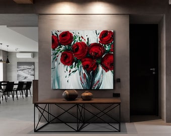 Rote Rosen Ölgemälde auf Leinwand, Blumenvase Art
