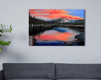 Sunset Lake Oil Painting on Canvas, Mountain Wall Art (24x36)