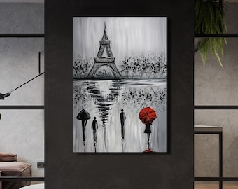 Leinwandbild Paris Mit Eiffelturm & Regenschirm – Ölgemälde-Reproduktion 61x41 Cm Fürs Wohnzimmer