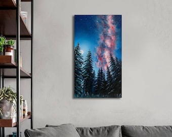 Milky Way painting on canvas Forest wall art Galaxy painting