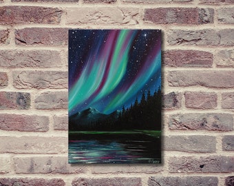 Canada Northern lights art Aurora borealis Mountain painting Celestial art