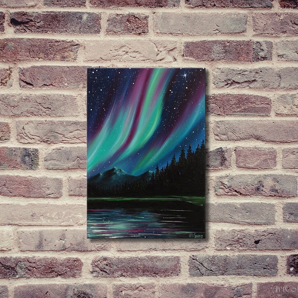 Canadá Arte de la aurora boreal Aurora boreal Pintura de montaña Arte celestial