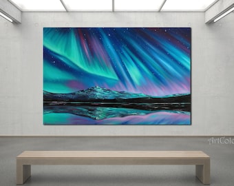 Northern Lights art Extra large wall art Iceland painting on canvas Aurora Borealis art