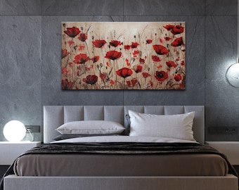 Large wall art Red poppy painting on canvas Acrylic painting Bedroom wall art