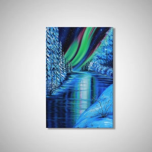 Winter forest wall art Northern lights oil painting on canvas Aurora Borealis bedroom wall art