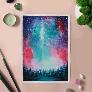オリジナル絵画、銀河、水彩画の夜空、夜空の絵画、銀河の絵画
