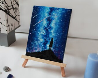 Miniature Galaxy Oil Painting, Dreaming Girl Canvas Art (8x6")