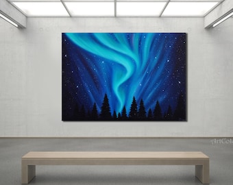 Large wall art Northern lights art Oil painting on canvas Aurora Borealis art