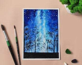 Watercolor starry night sky Galaxy Milky Way Original watercolor Forest landscape painting