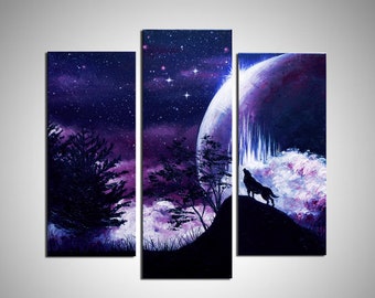 Space Art Full moon Howling wolf Forest wall art Moon Set of 3 Oil paintings on canvas