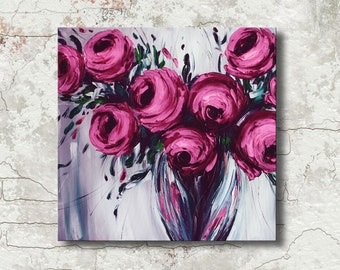 Pintura al óleo de rosas rosadas sobre lienzo, arte floral para pared