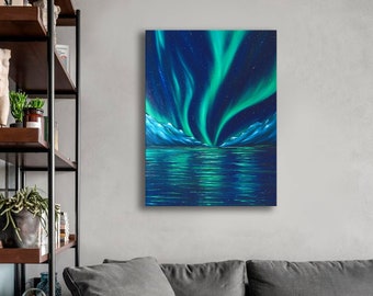 Norway painting Northern lights art Aurora Borealis art Nature painting Glacier art