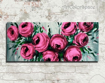 Pink flowers Oil painting on canvas Pink roses Flowers wall art for bedroom