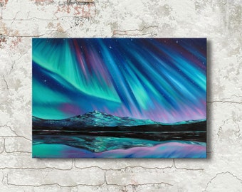 Northern lights Iceland Aurora borealis over glacier Oil painting on canvas Bedroom wall art