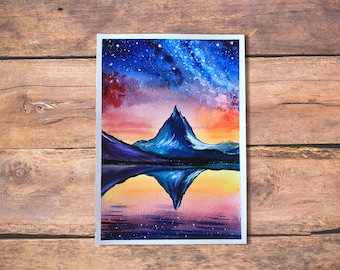 Watercolor Matterhorn Swiss alps Mountains Milky Way Original watercolor