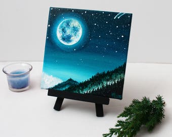 Night sky painting Starry sky Full moon Oil painting on canvas Moon painting Star art
