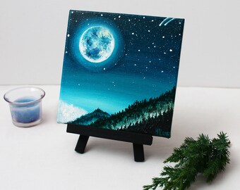 Mondlicht Ölgemälde, Sternenhimmel, 15x15cm Leinwand
