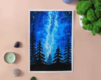Watercolor starry night sky Milky Way Galaxy Original watercolor Forest painting