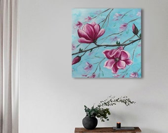Magnolia Oil Painting, Cherry Blossom Floral Wall Art