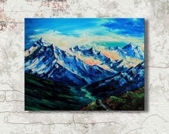 Snow covered mountain peak Ama Dablam Nepal painting Travel gift Himalayan mountain painting