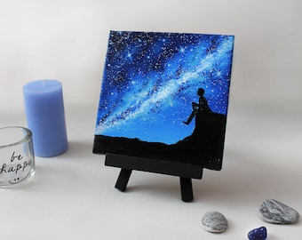 Miniatura da Via Láctea em pintura a óleo sobre tela, arte do céu estrelado.