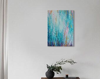 Origineel olieverfschilderij blauweregenbloemen, gouden accenten
