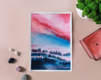 Watercolor Swiss alps Mountains foggy forest Original watercolor landscape painting