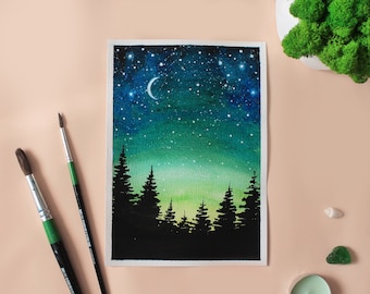 Watercolor Night Sky Painting, Green Forest Landscape Wall Art