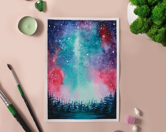 Watercolor Galaxy Milky Way Starry night sky Original watercolor landscape painting