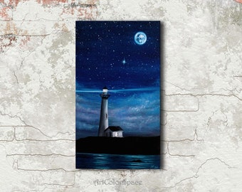 Lighthouse painting Seascape Oil painting on canvas Lighthouse art Night sky painting