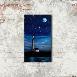 Lighthouse painting Seascape Oil painting on canvas Lighthouse art Night sky painting
