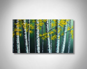 Birch Tree Painting, Yellow Autumn Leaves, Acrylic Forest Art
