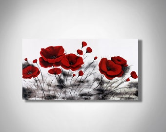 Red Poppy Painting, Floral Acrylic Wall Art on Canvas