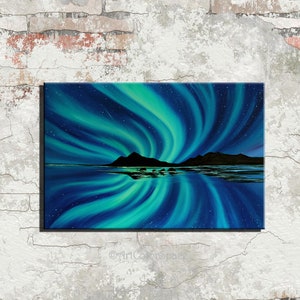 Iceland green northern lights art Oil painting on canvas Aurora Borealis wall art