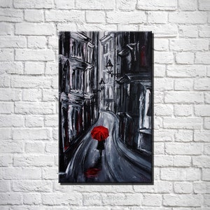 Red umbrella painting Rainy day painting Acrylic painting on canvas London wall art