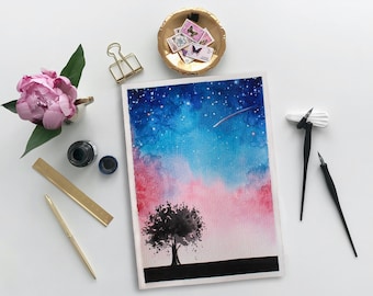 Watercolor Starry Night Sky Painting, Tree in Field Art