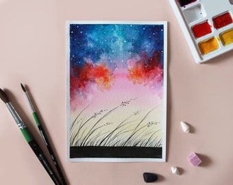 Original Watercolor Painting: Starry Galaxy Meadow Night Sky