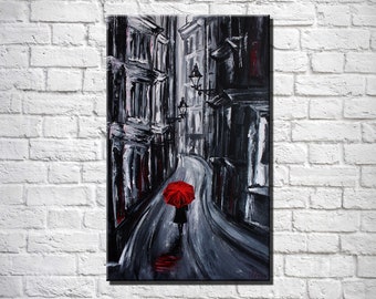 Red Umbrella London Gemälde, Regnerischer Tag Acryl Leinwand Kunst