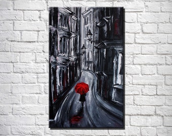 Red umbrella painting Rainy day painting Acrylic painting on canvas London wall art