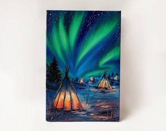 Aurora Borealis Oil Painting: Camping Under Northern Lights