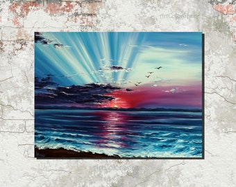 Sunset Sea Oil Painting on Canvas Seascape Painting Original Ocean Art ...