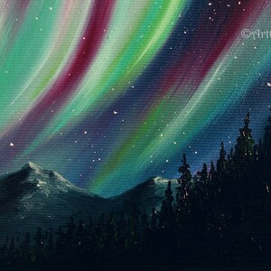May include: A painting of a dark forest with a mountain range in the background. The sky is a deep blue with streaks of green and purple aurora borealis.